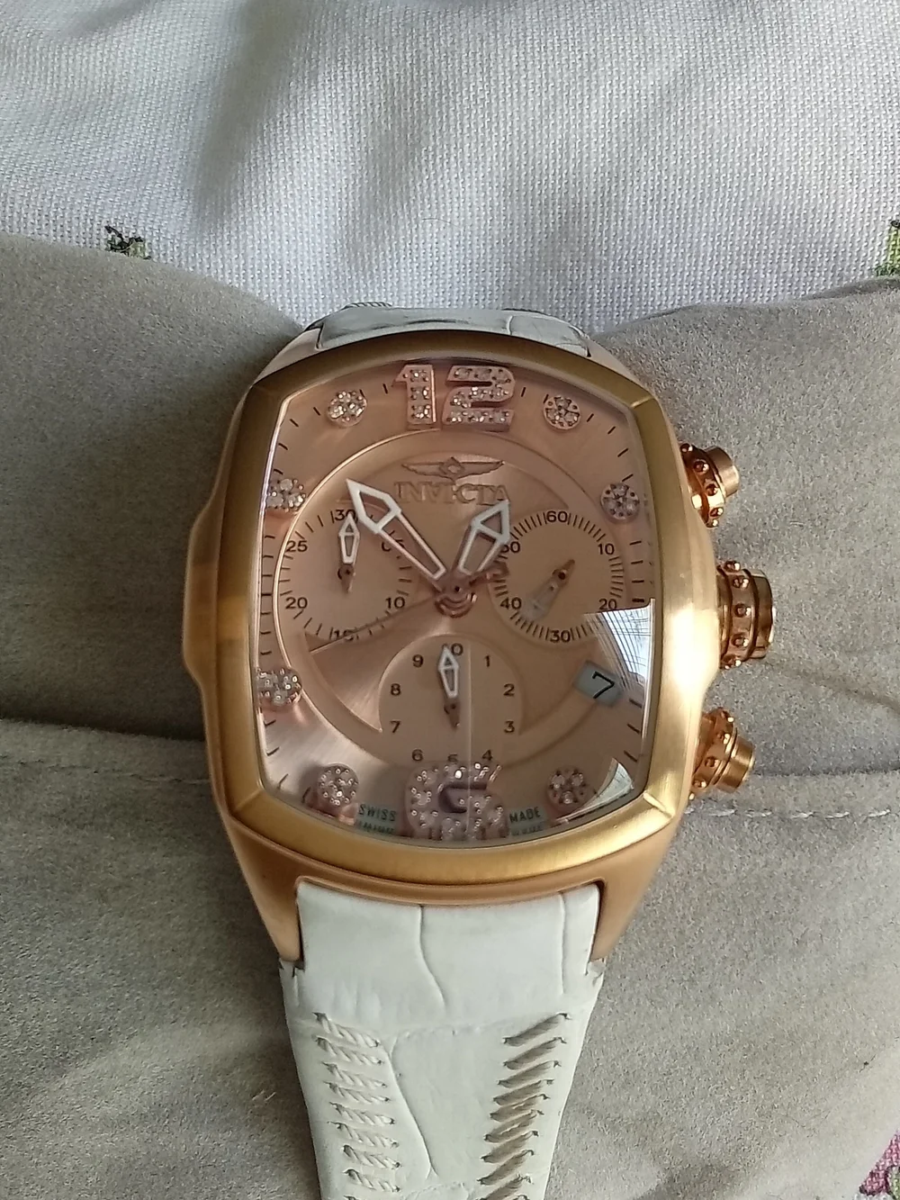 Invicta Lupah Revolution Rose Gold Chronograph Watch 6826 White Leather Strap